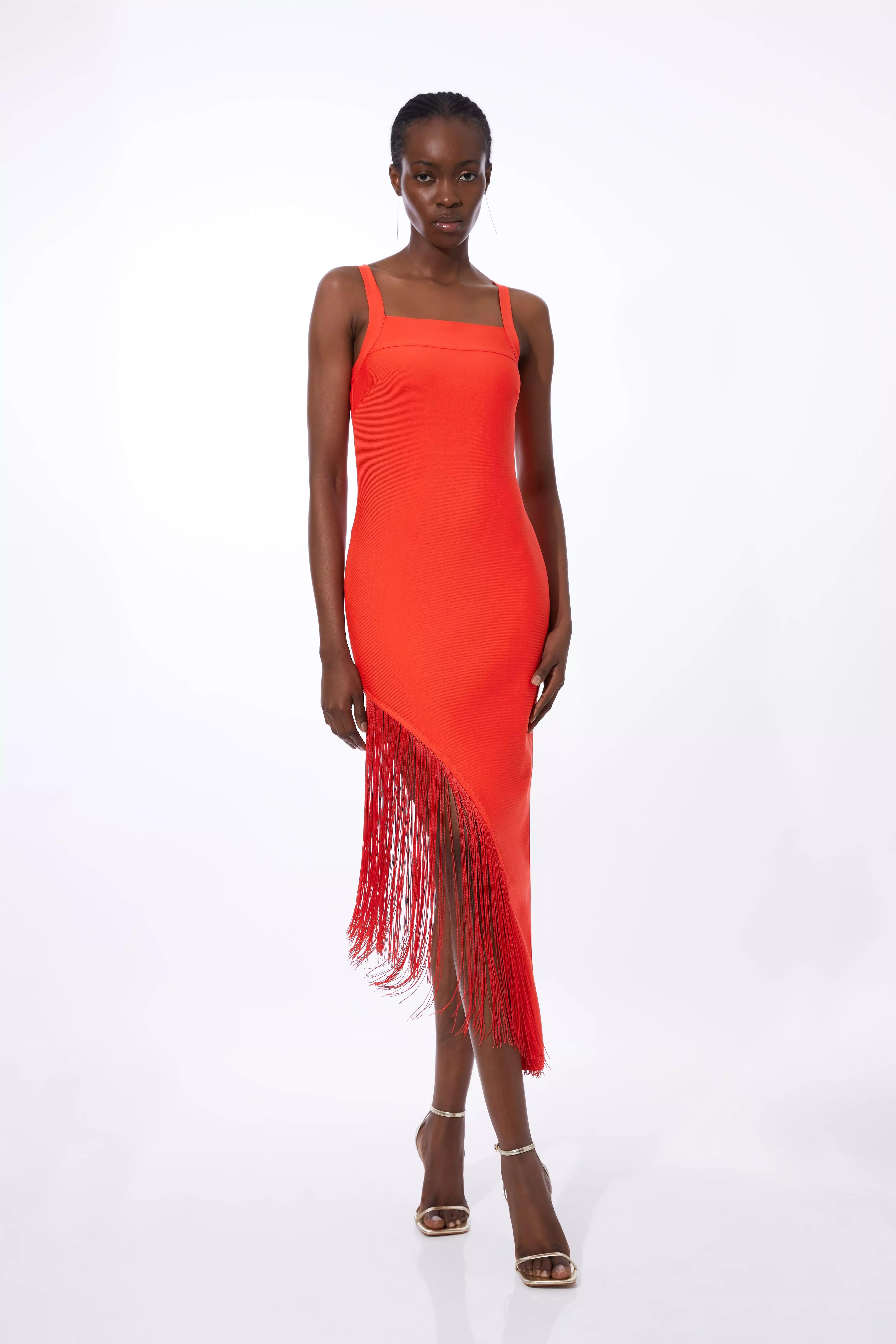Figure Form Bandage Asymmetric Fringe Hem Knit Dress | Karen